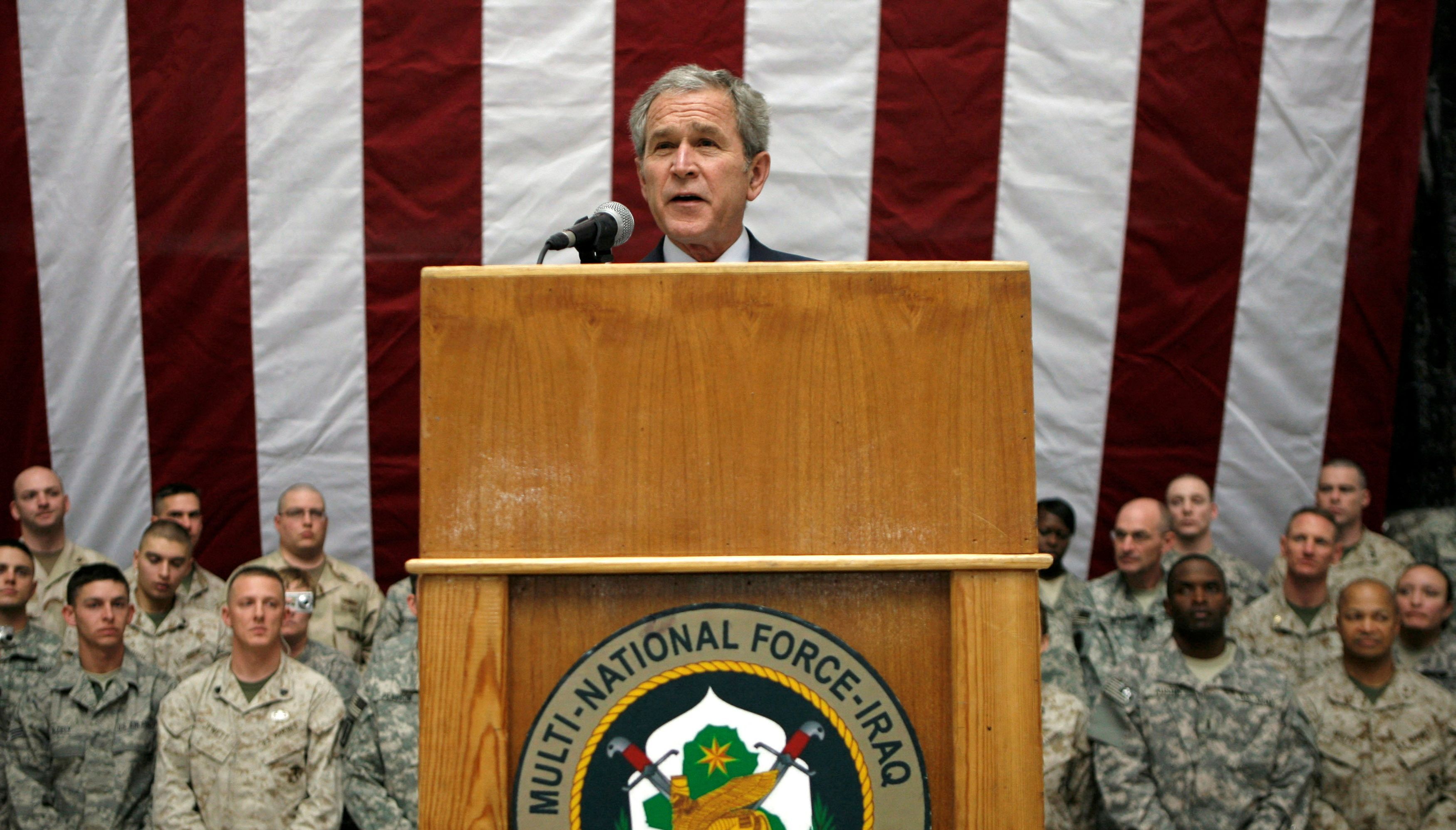 U.S. President George W. Bush speaks to U.S. troops from Al Faw Palace at Camp Victory in Baghdad.