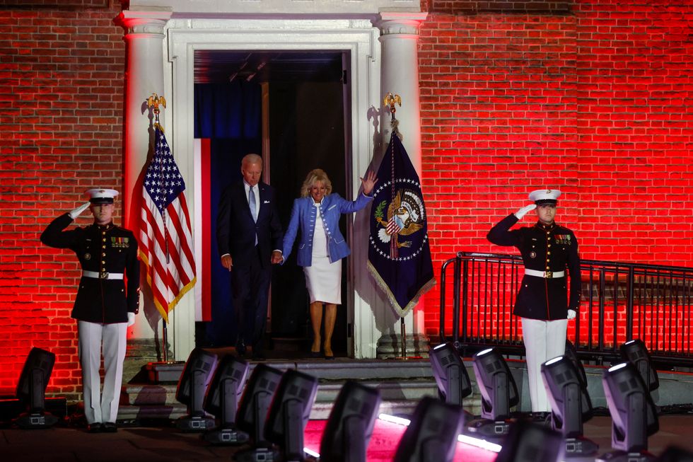 U.S. President Joe Biden and U.S. first lady Jill Biden walk in front of Independence Hall at Independence National Historical Park, Philadelphia, U.S., September 1, 2022. REUTERS/Jonathan Ernst
