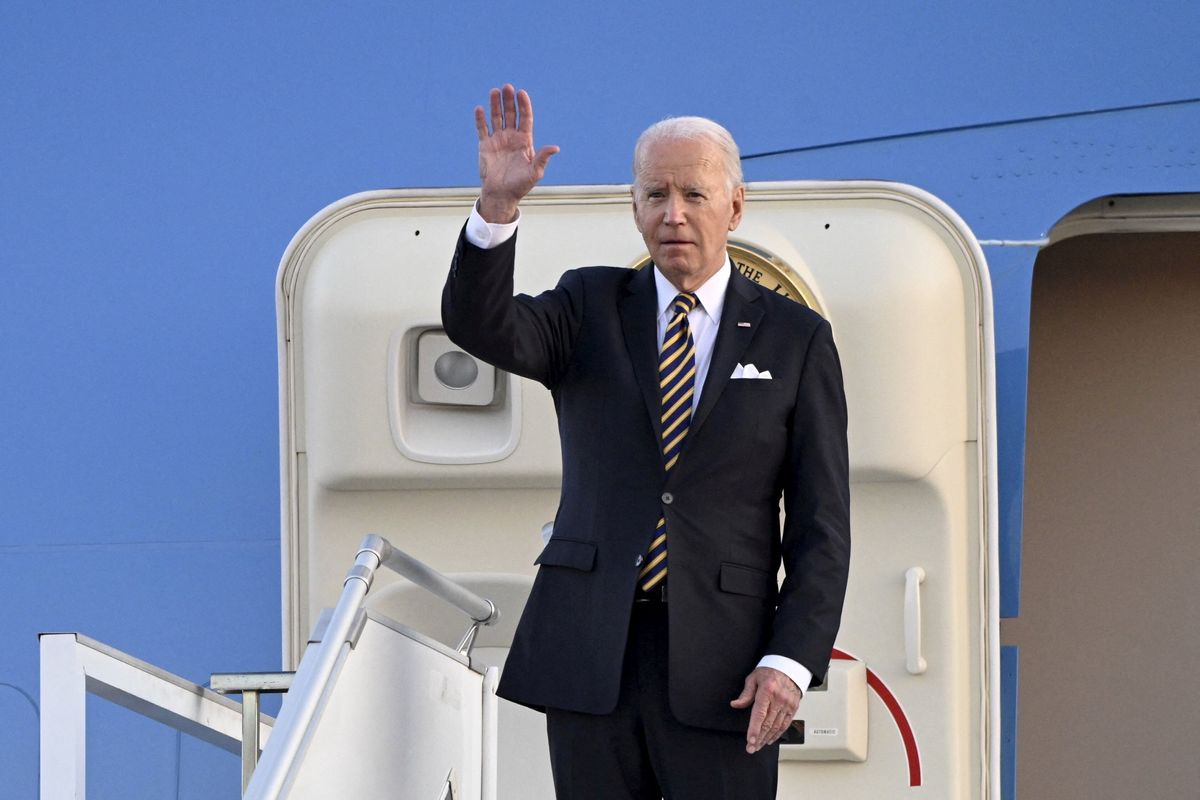 U.S. President Joe Biden disembarks from Air Force One after landing at Helsinki-Vantaa airport in Vantaa