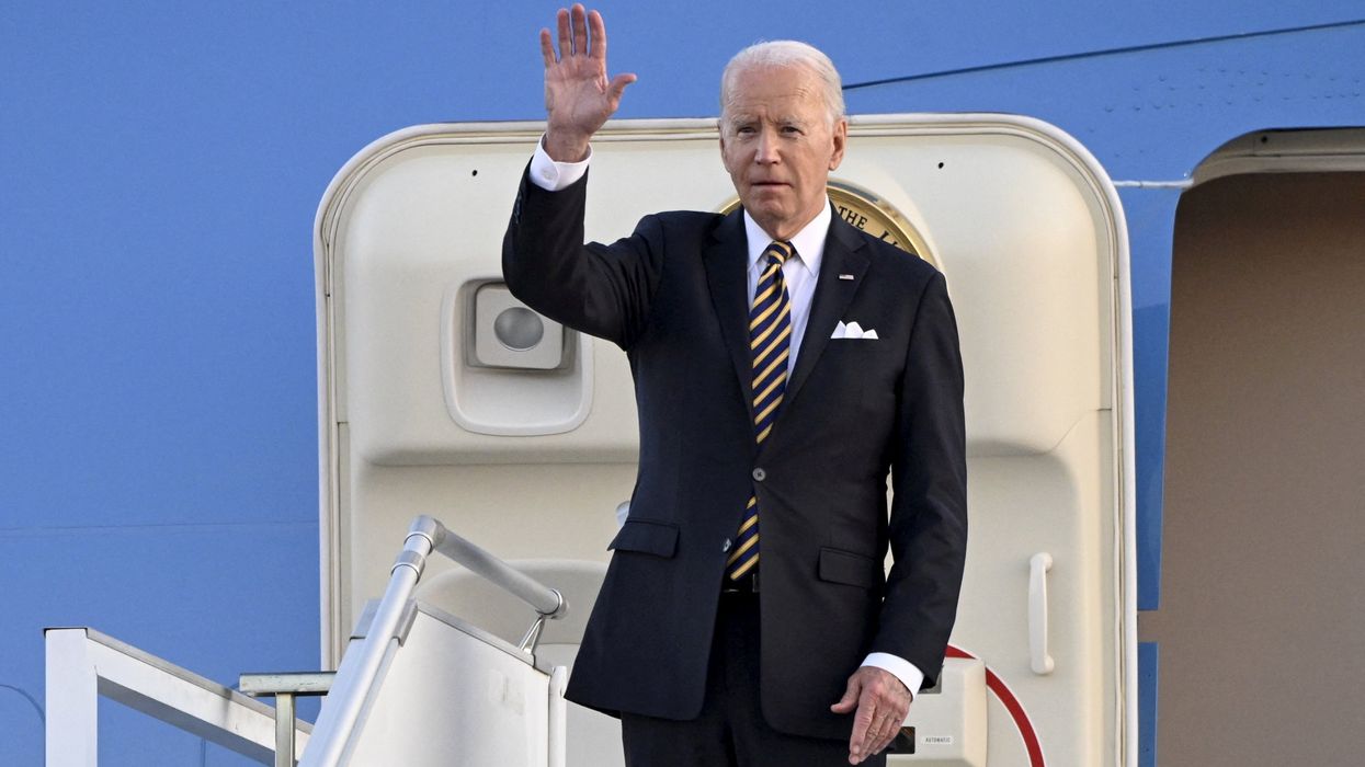 U.S. President Joe Biden disembarks from Air Force One after landing at Helsinki-Vantaa airport in Vantaa
