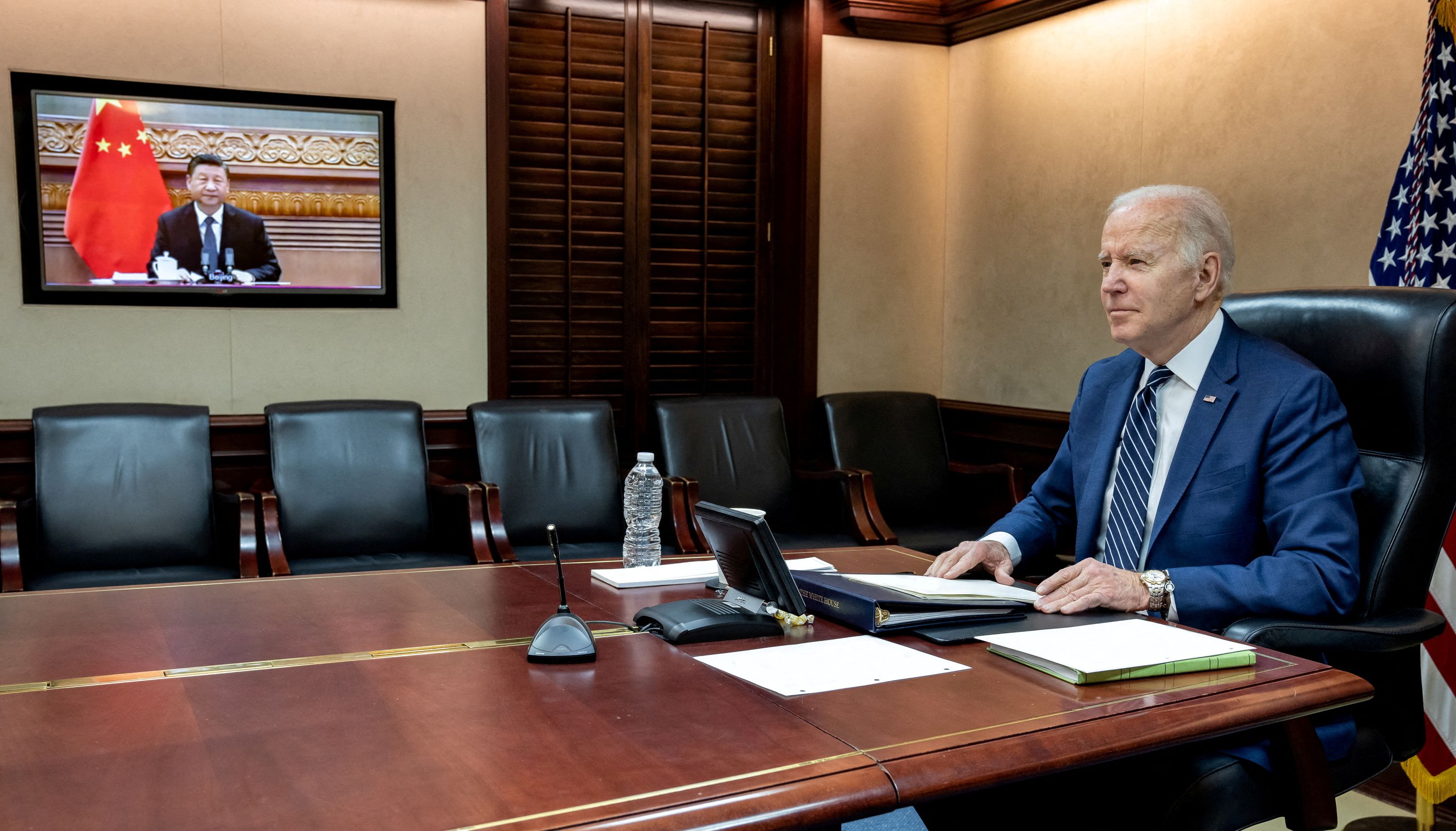 U.S. President Joe Biden held virtual talks with Chinese President Xi Jinping from the Situation Room at the White House in Washington, U.S.