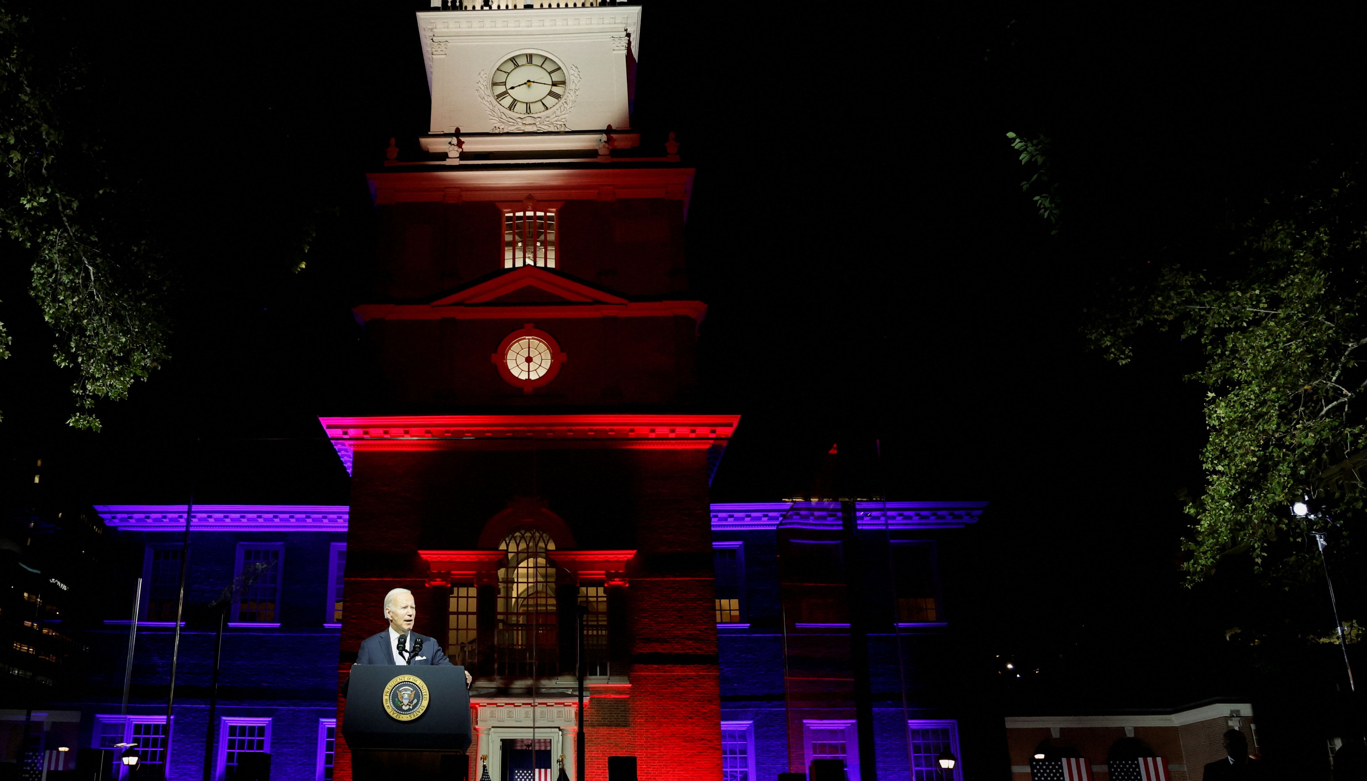 U.S. President Joe Biden, protected by bulletproof glass, delivers remarks on what he calls the %22continued battle for the Soul of the Nation%22 in front of Independence Hall at Independence National Historical Park, Philadelphia.