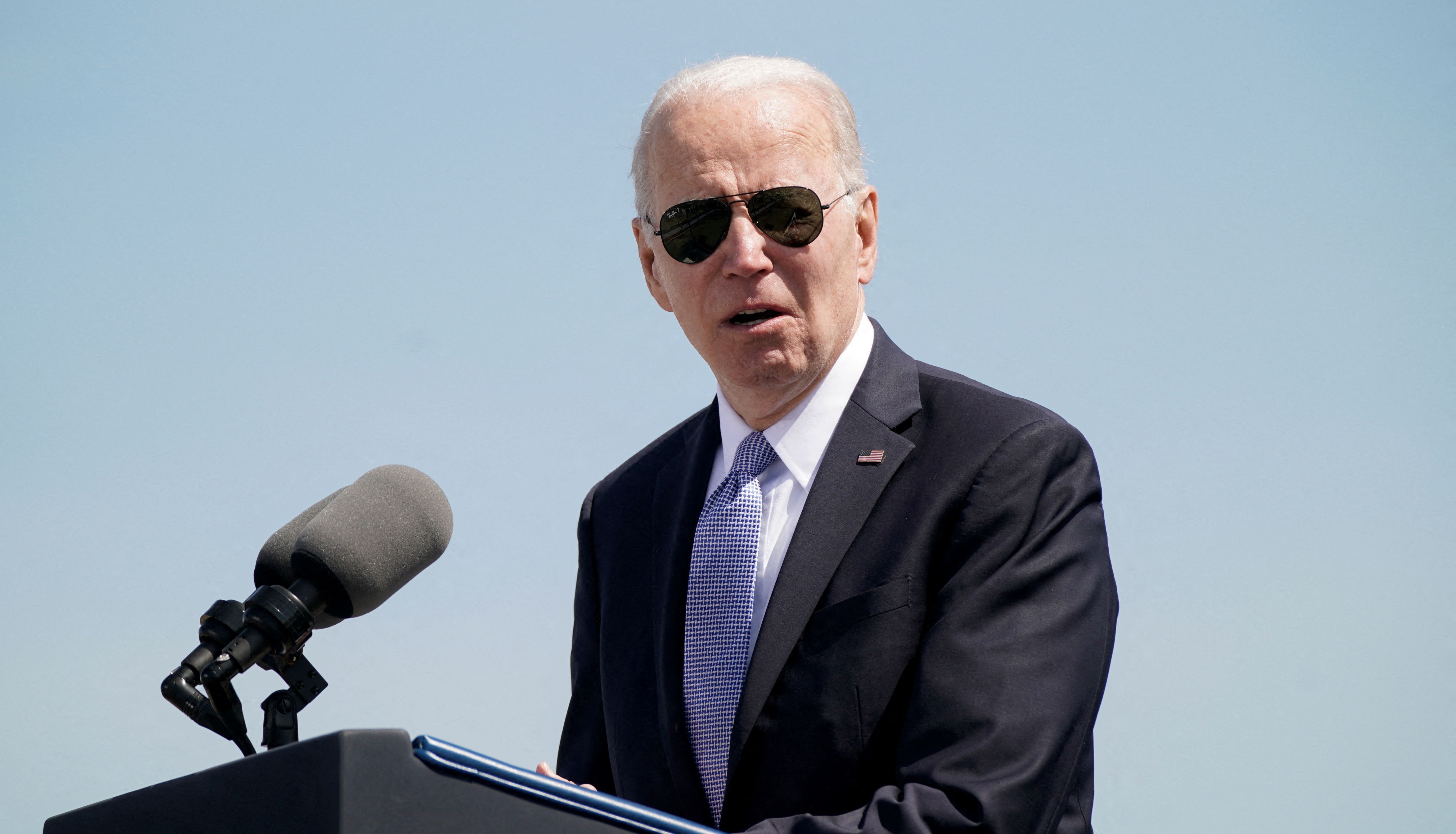 U.S. President Joe Biden speaking at a commemorative commissioning ceremony for the USS Delaware nuclear submarine