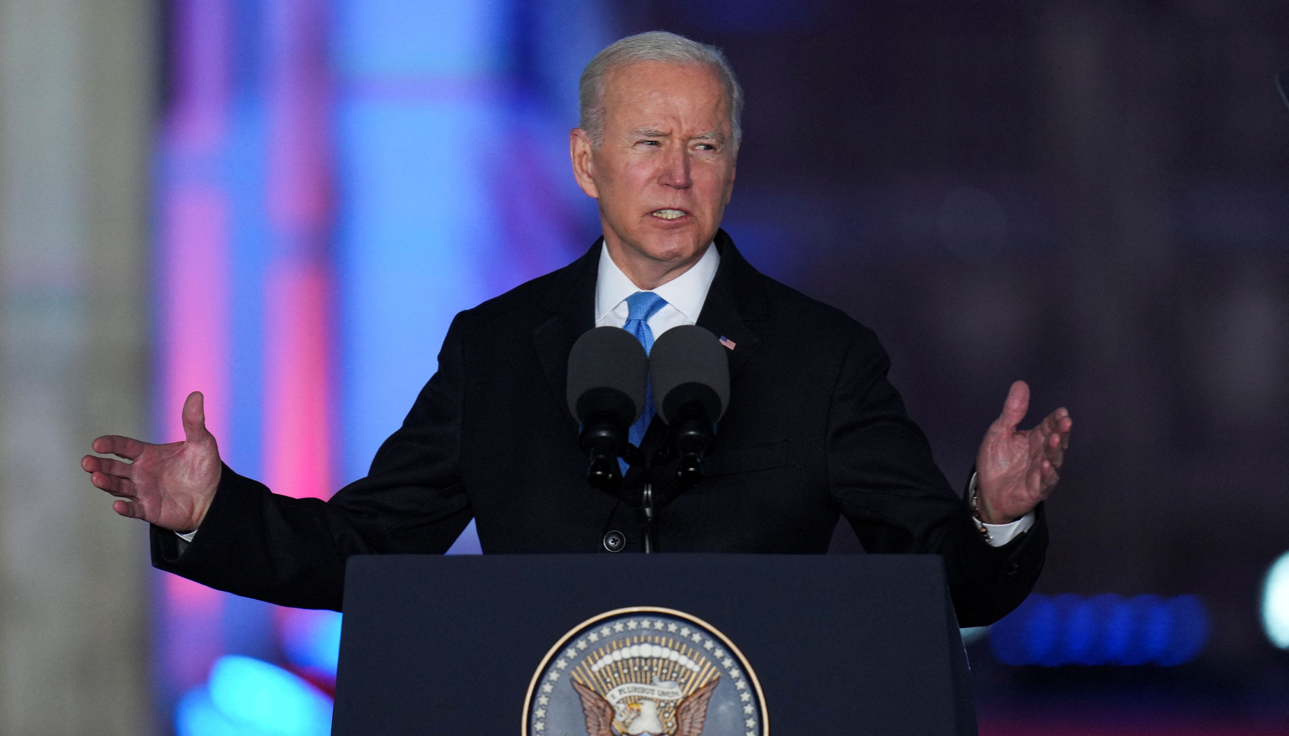 U.S. President Joe Biden speaks during an event at the Royal Castle, amid Russia's invasion of Ukraine, in Warsaw, Poland, March 26, 2022. REUTERS/Aleksandra Szmigiel