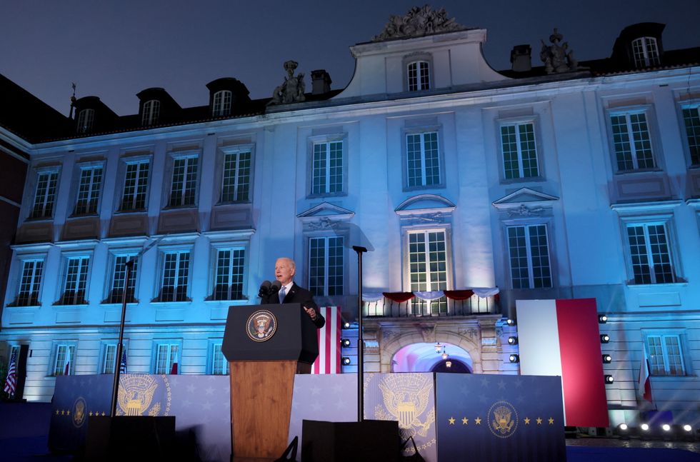 U.S. President Joe Biden speaks during an event at the Royal Castle, amid Russia's invasion of Ukraine, in Warsaw, Poland March 26, 2022. REUTERS/Evelyn Hockstein