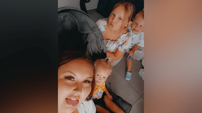 \u200b Bryonie Gawith and her three children, Denisty Birtle, nine, Oscar Birtle, five, and Aubree Birtle, 22 month