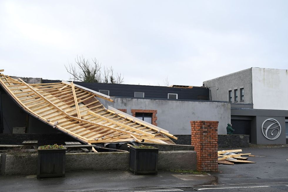 \u200b: Damaged roof at the Chimney Corner Hotel seen in Mallusk, on January 24, 2025 near Belfast