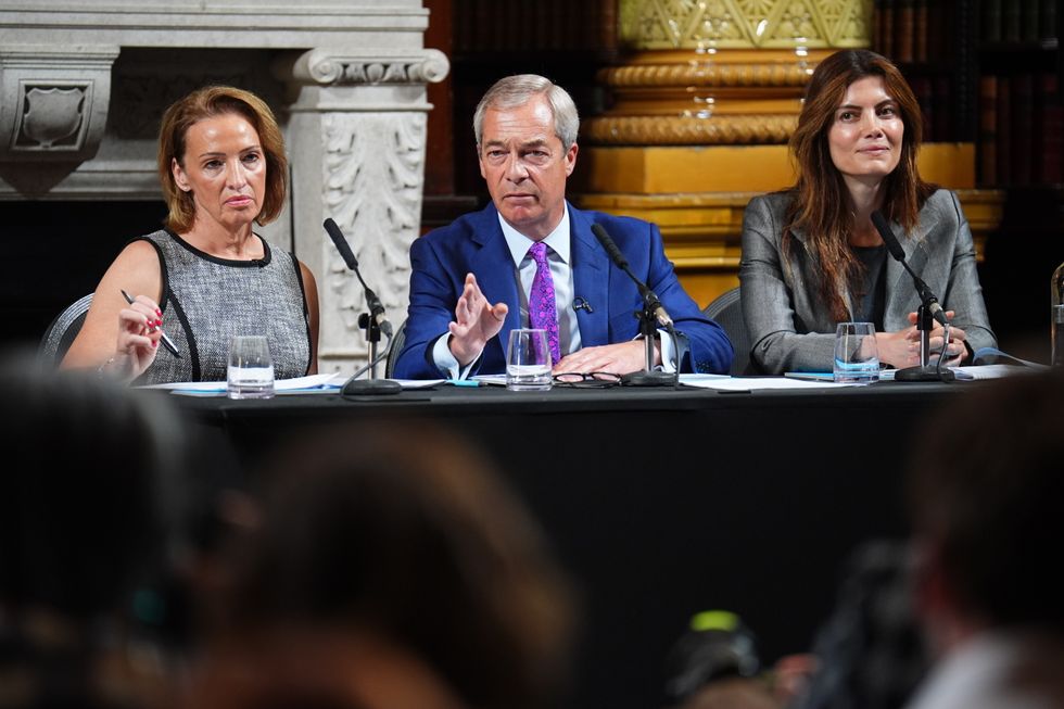 \u200b(left to right) MP Sarah Pochin, Party leader Nigel Farage and Councillor Laila Cunningham
