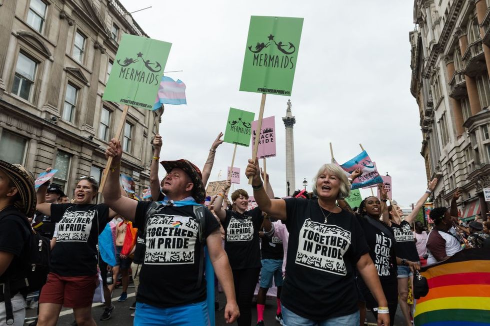 \u200b Members of Mermaids UK, a charity supporting gender-diverse and transgender children, take part in the Pride in London parade on 06 July, 2019