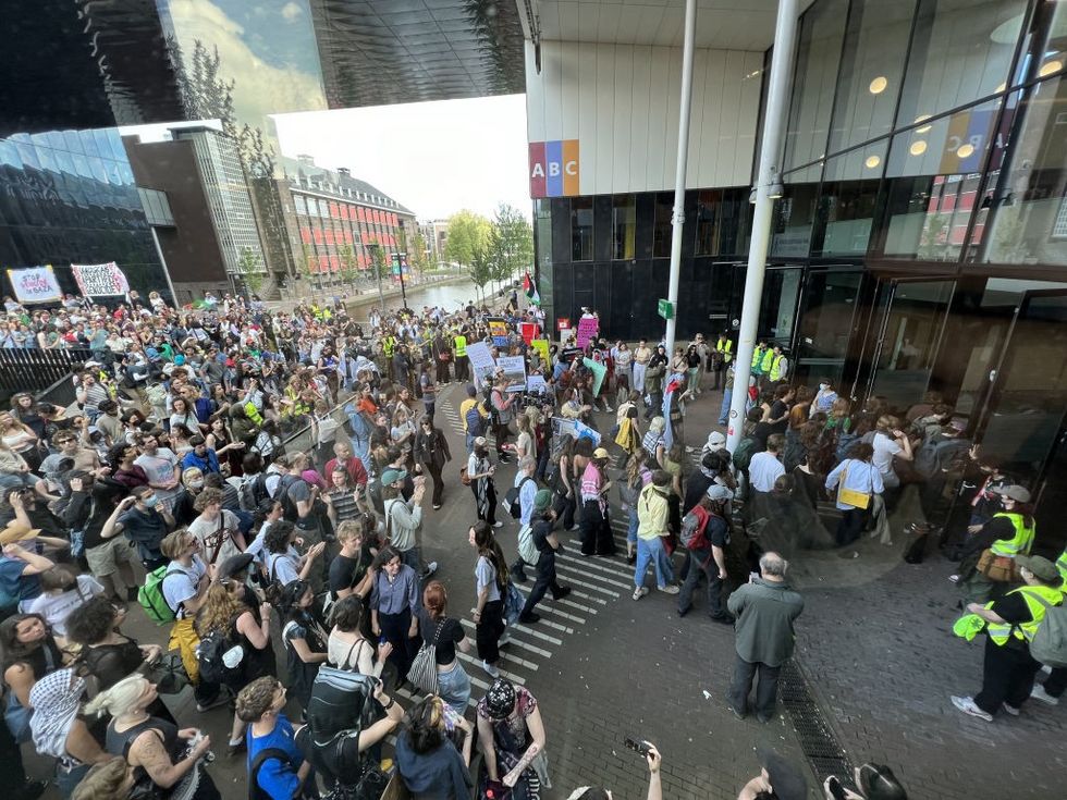 \u200b Pro-Palestinian demonstrators gather at the Roeterseiland campus