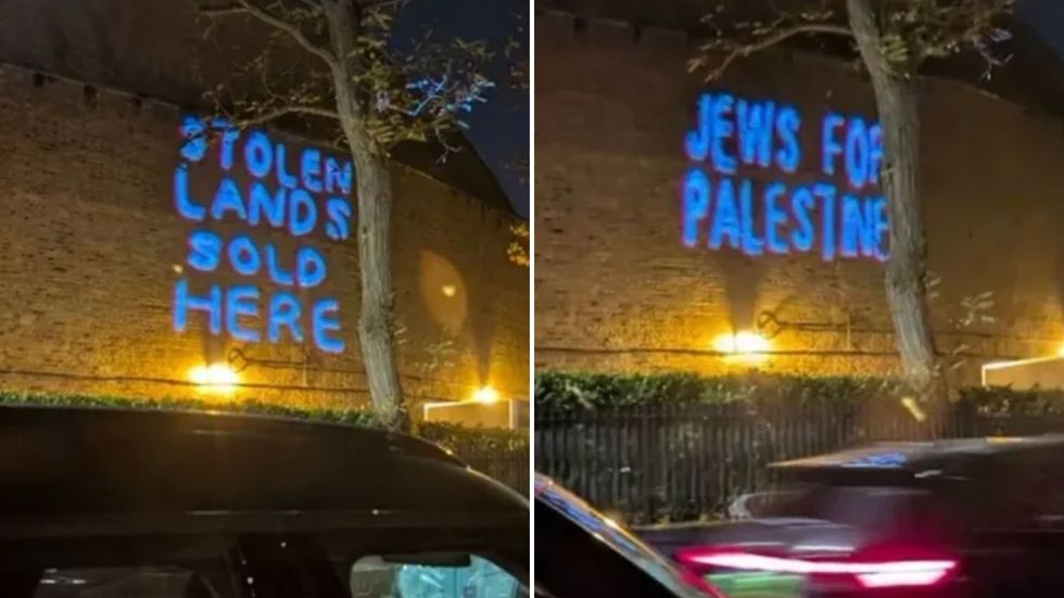 \u200b'Stolen lands sold here' and 'Jews for Palestine' were projected onto the wall of the St John\u2019s Wood United Synagogue