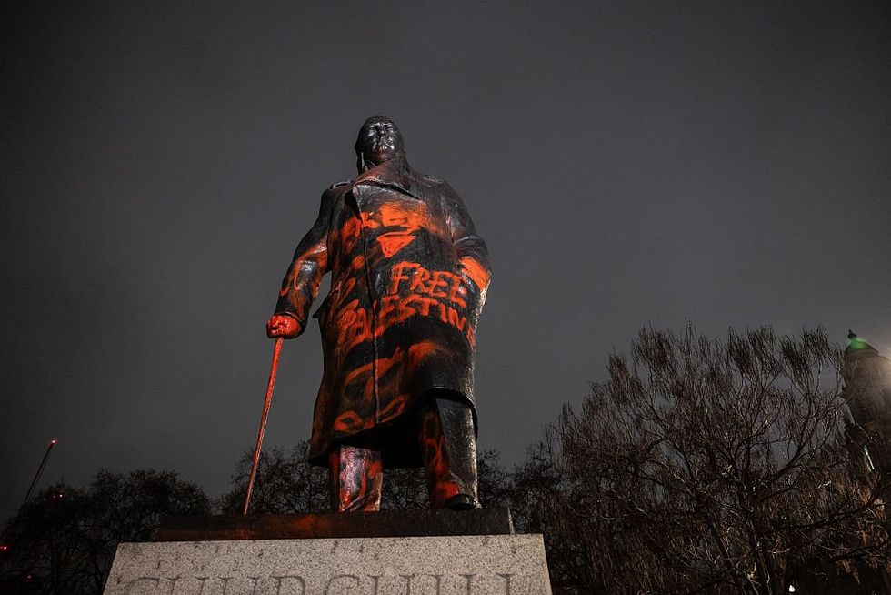 \u200b The Churchill statue in Parliament square is vandalised in the early hours of the morning