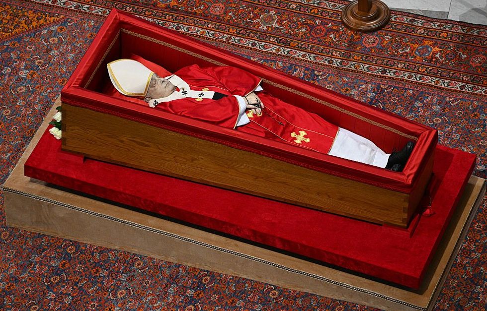 \u200b The late Pope Francis's body as it lies in state at St Peter's Basilica in The Vatican