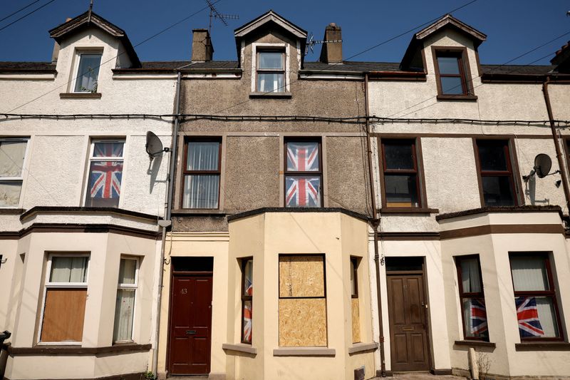 \u200b\u200bA view shows buildings with barricaded windows, following riots in Ballymena