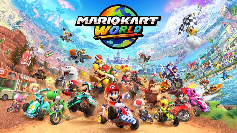 \u200b\u200bMario Kart World\u200b promotional material showing all 24 characters and the new map and logo