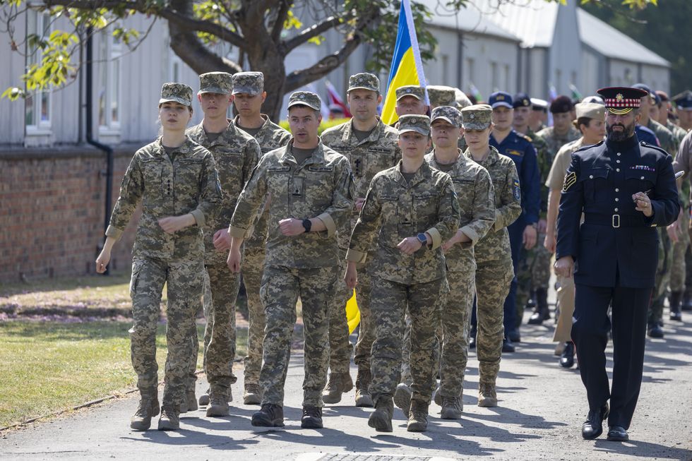 \u200b\u200bUkrainian troops march in formation in preparation of VE Day 80