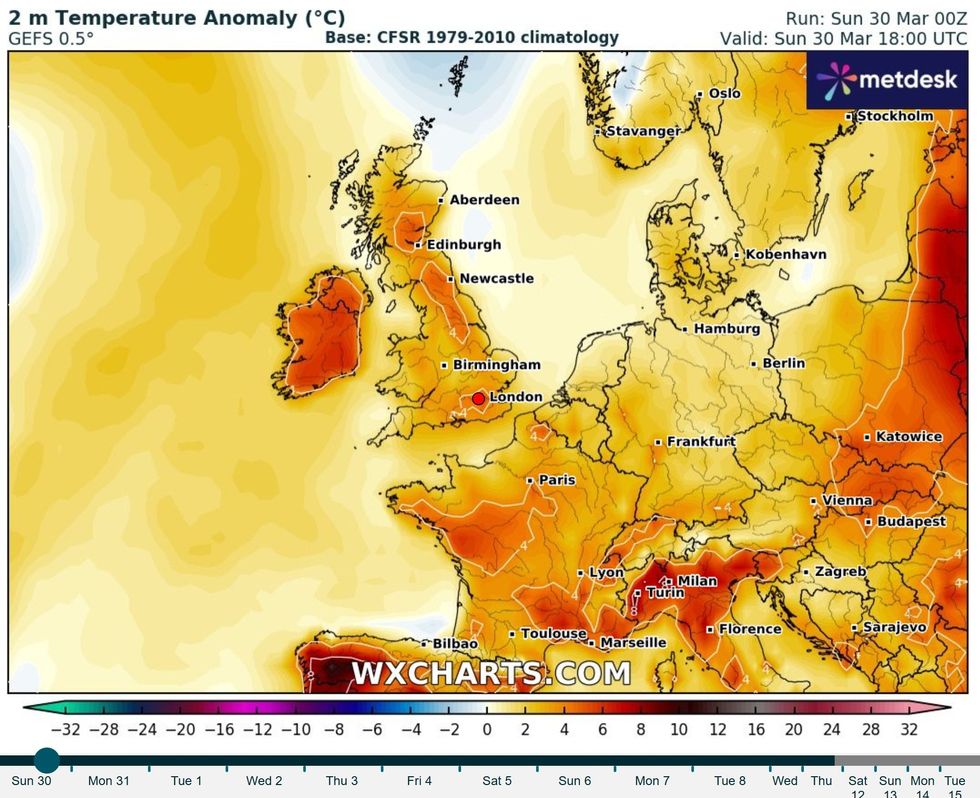 \u200b\u200bWX Charts map shows temperature anomaly on Monther's Day