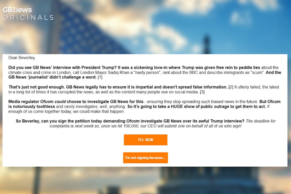 \u200b38 Degrees emailed the GB News star complaining about her world-exclusive sit-down interview with the US President