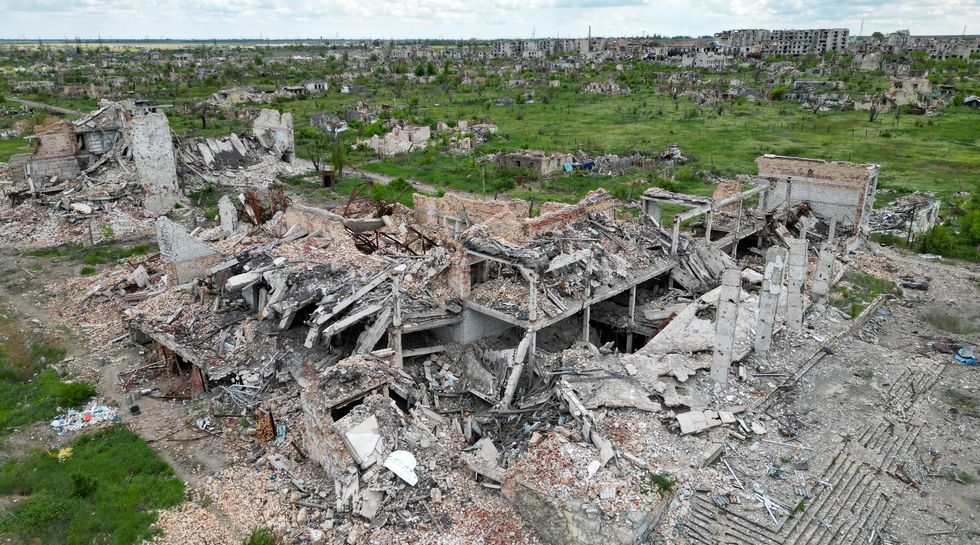 \u200bA drone view shows the ruins of buildings in the abandoned town of Marinka (Maryinka), which was destroyed in the course of Russia-Ukraine conflict in the Donetsk region