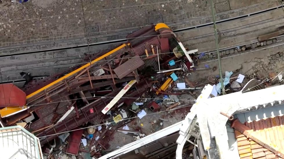\u200bA drone view shows the site of the accident