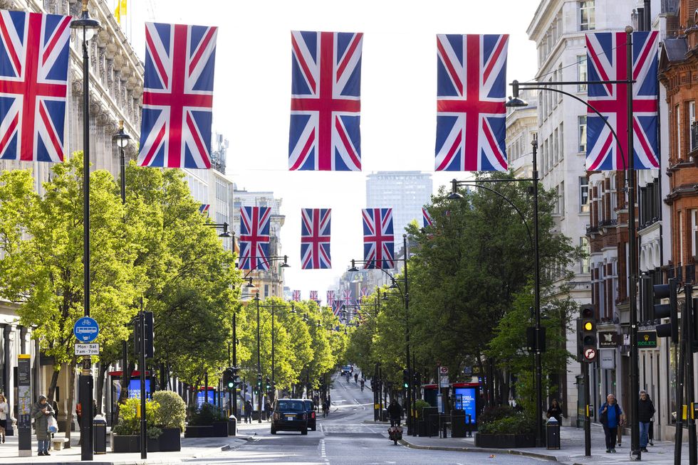 \u200bA general view of Oxford Street in London, which has been decorated with 213 metres of Union flags to celebrate the 80th anniversary of Victory in Europe