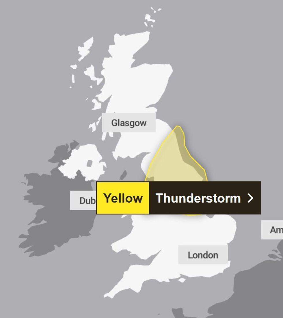 \u200bA Met Office thunderstorm warning will come into effect from 3pm on Saturday and last until 4am Sunday