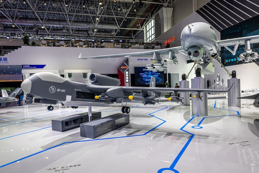 \u200bA model of the Jiutian SS-UAV, a fifth-generation heavyweight unmanned aerial vehicle, is on display at the Zhuhai International Air Show Centre