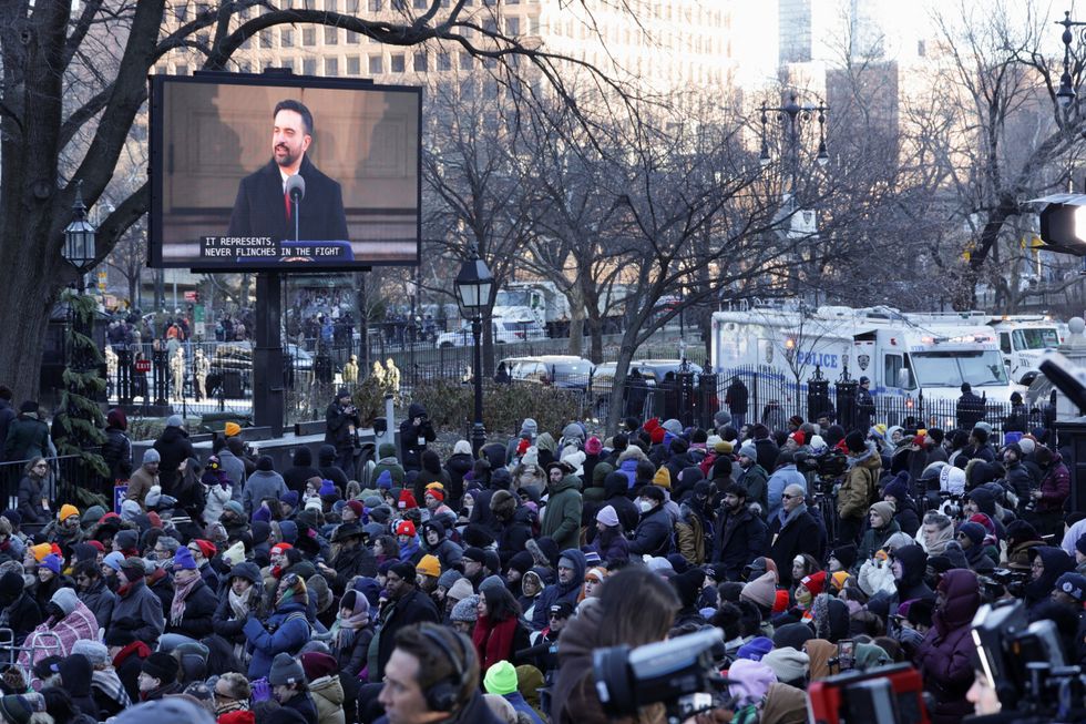 \u200bA screen shows Zohran Mamdani on the day of his inauguration as the new Mayor of New York City