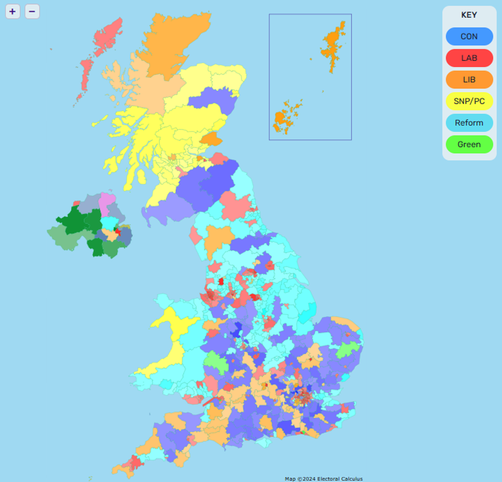 \u200bA seat projection map by Electoral Calculus would place Reform UK on 192 seats