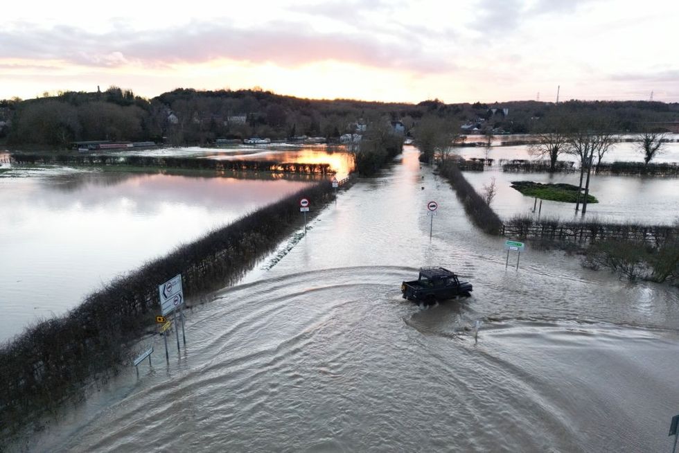 \u200bA vehicle makes its way through flood water on January 06, 2025 in Mountsorrel