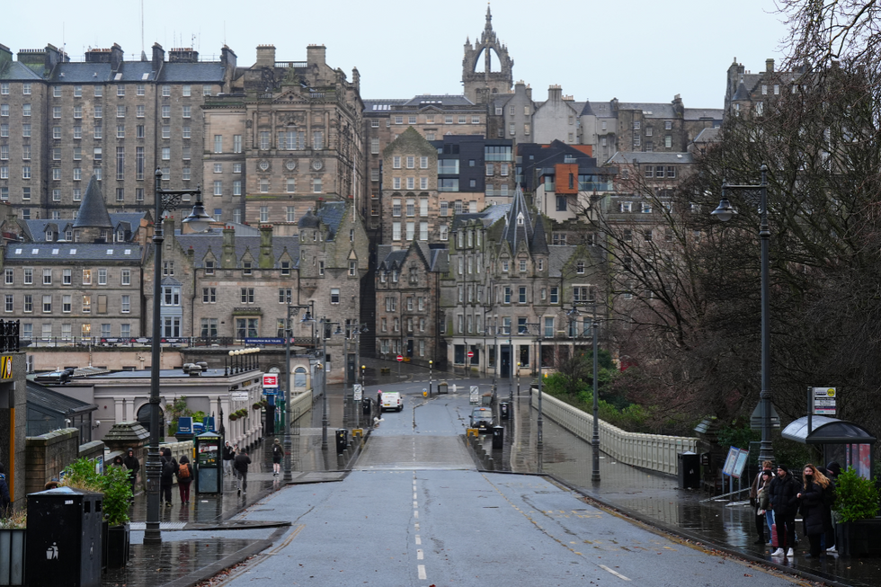 \u200bA view of a deserted Waverley Bridge in Edinburgh during Storm Eowyn