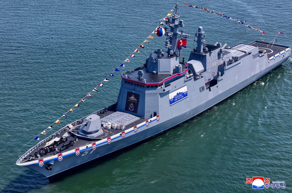 \u200bA view of a "new multipurpose destroyer," as per state media KCNA's reports, in Nampo, North Korea