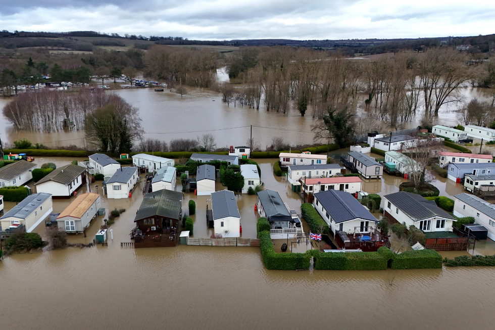 \u200bA view of flood waters around the Little Venice caravan park in Yalding, Kent