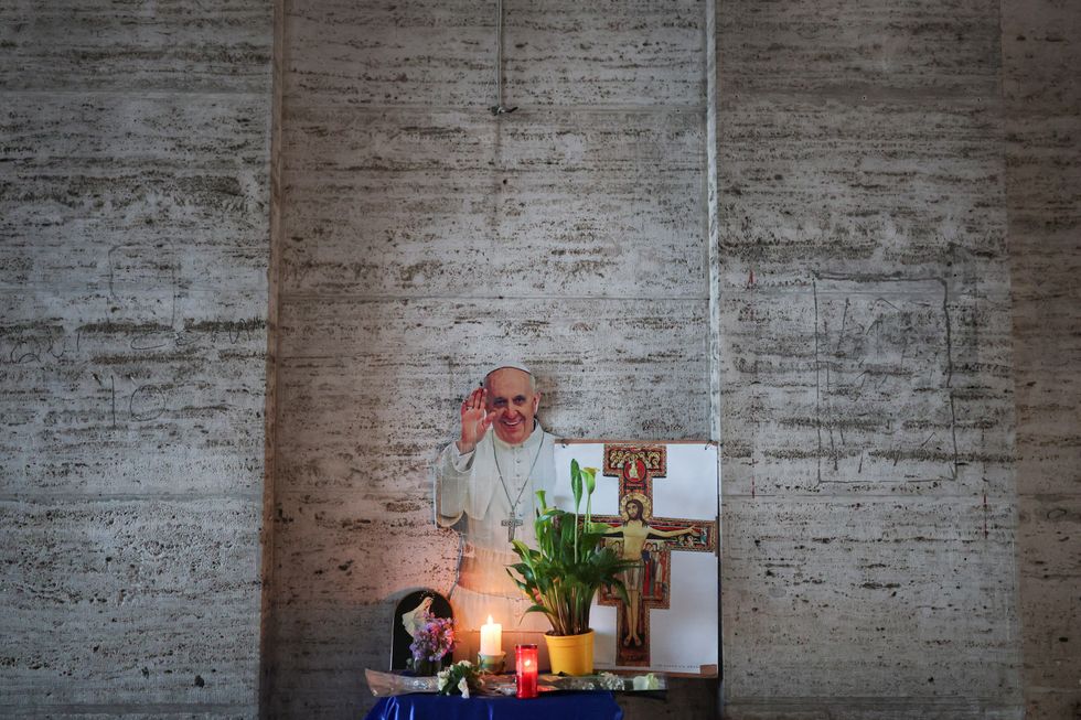 \u200bA view of makeshift memorial, near St Peter's Square, following Pope Francis' death