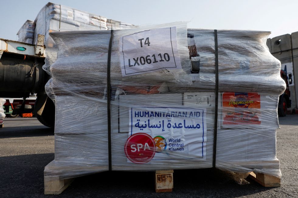 \u200bA view shows humanitarian aid with the logo of World Central Kitchen (WCK) at the Kerem Shalom border crossing to Gaza, Israel,