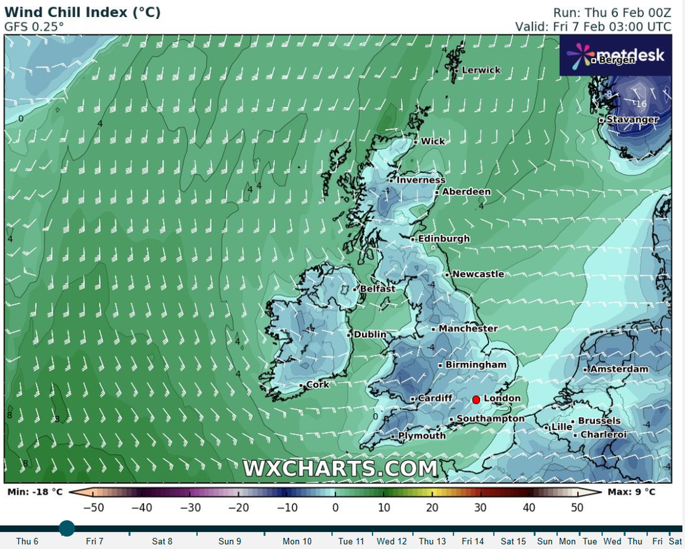 \u200bA windchill index map from WXCharts for the end of early Friday morning