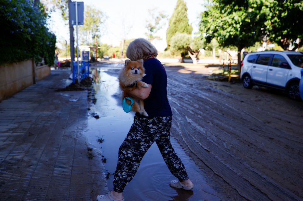 \u200bA woman with her dog step over a damaged street from the flooding