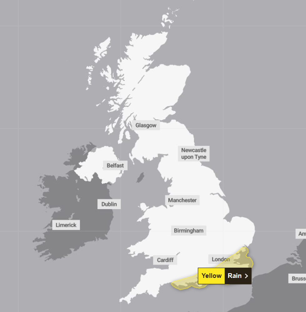 \u200bA yellow rain warning is currently in place for parts of southern England