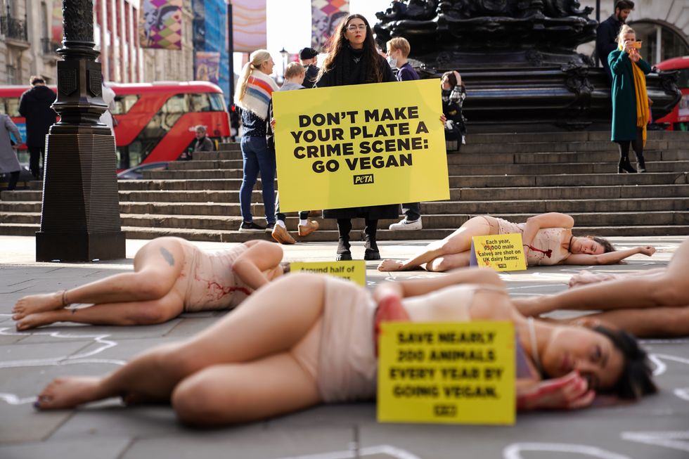 \u200bActivists from PETA stage a meat industry crime scene in Piccadilly Circus, London (2021)