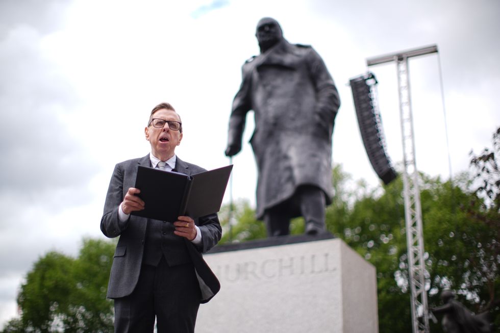\u200bActor Timothy Spall performs his reading of Sir Winston Churchill's 1945 victory speech