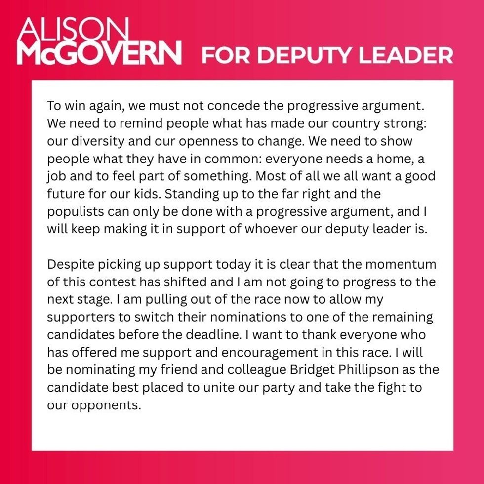 \u200bAlison McGovern has pulled out of the Labour deputy leadership race