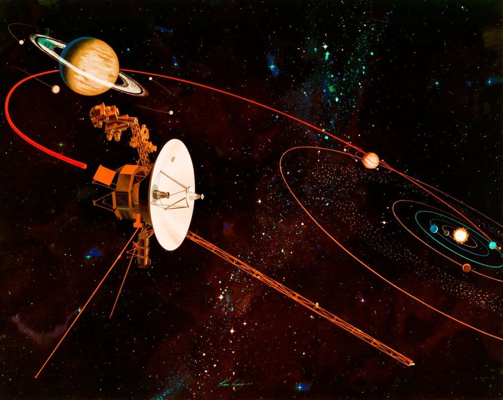 \u200bAn artist's impression (circa 1977) of the trajectory to be taken by NASA's Voyager 1 and Voyager 2