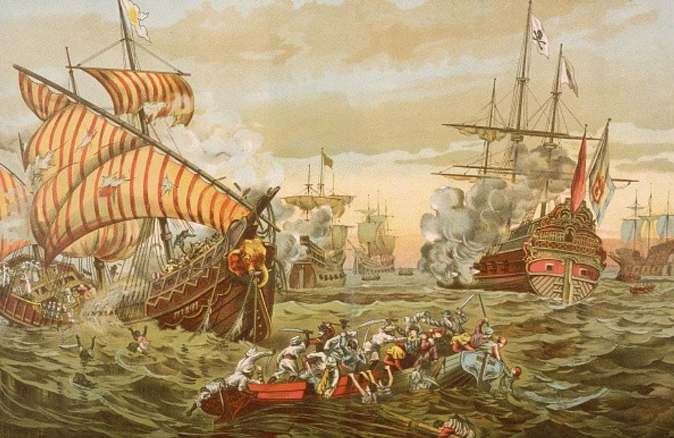 \u200bAn illustration depicts the destruction caused by Portuguese explorer Vasco da Gama