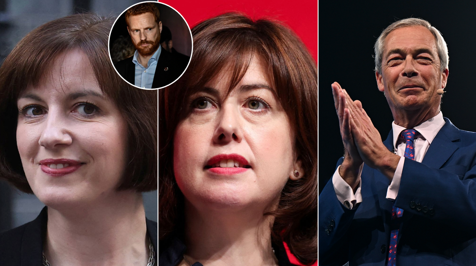 \u200bBridget Phillipson (left), Lucy Powell (middle), Nigel Farage (right)