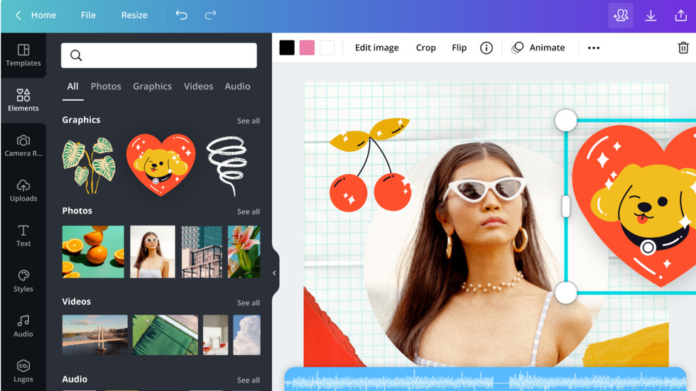 \u200bCanva design page interface displaying photos and graphics