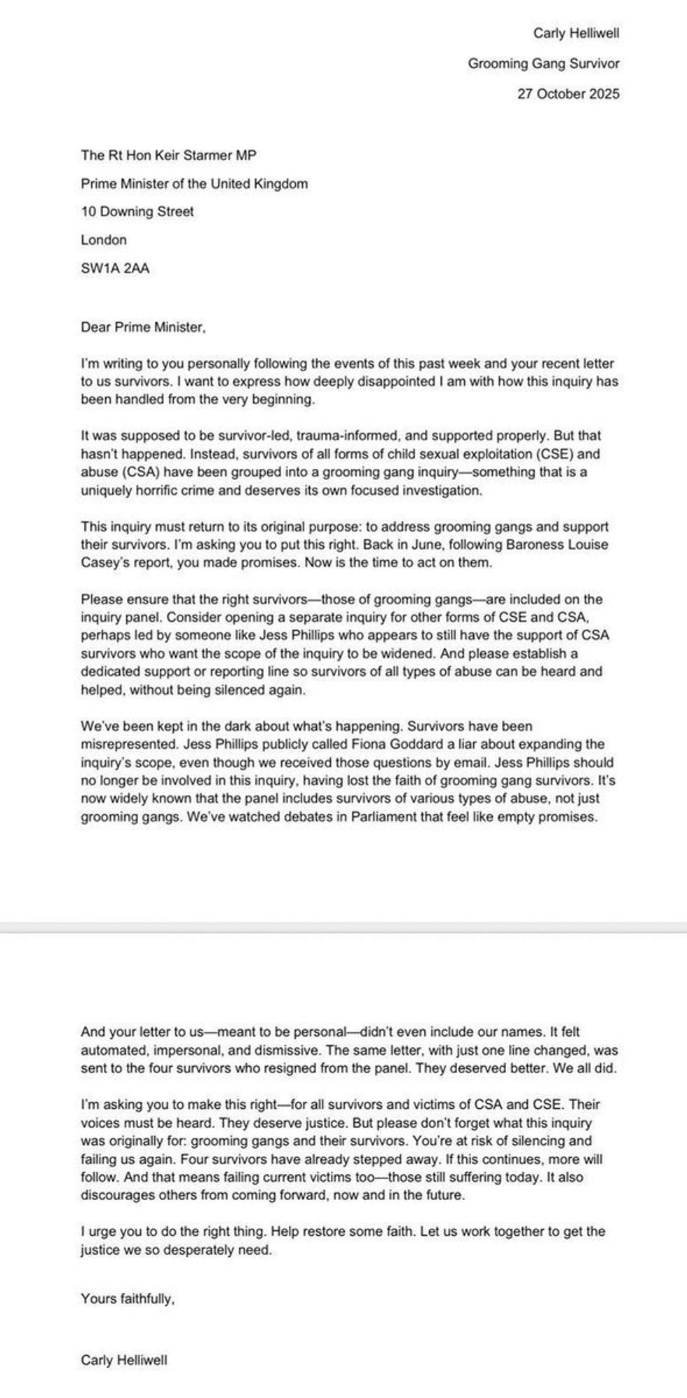 \u200bCarly Helliwell letter to the PM