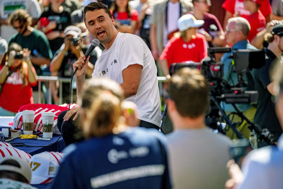 u200bCharlie Kirk speaking at a Utah Valley University, moments before he was shot dead