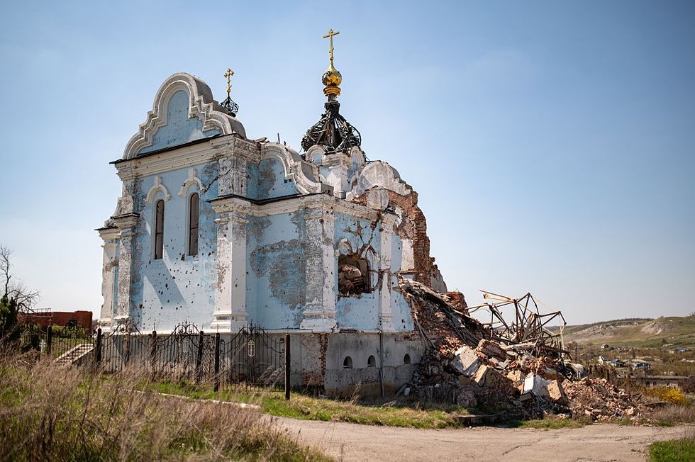 \ U200bchurch Svaté Matky Boží „radost všech, kdo“ zničený ruským ostřelováním 18. dubna 2025 v Bohorodychne na Ukrajině