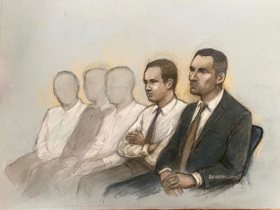 \u200bCourt artist drawing by Elizabeth Cook of Antony Snook (right) sitting beside Riley Tolliver, 18, and teenagers aged 15, 16 and 17, who cannot be named for legal reasons