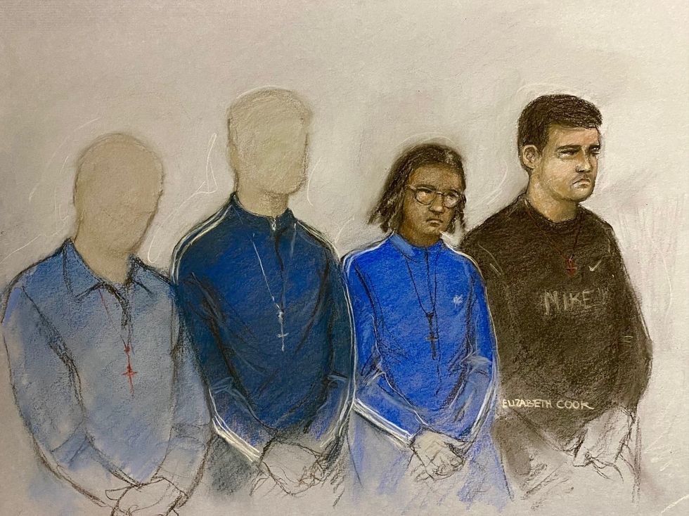 \u200bCourt artist sketch of Riley Tolliver, 18, Kodishai Westcott and teenagers aged 15 and 16 during their sentencing hearing